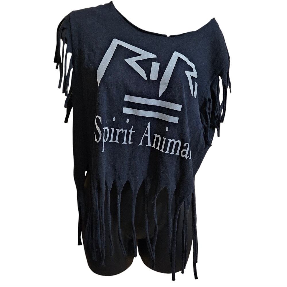 Distressed "RiRi Is My Spirit Animal" Fringe Black Tank Top